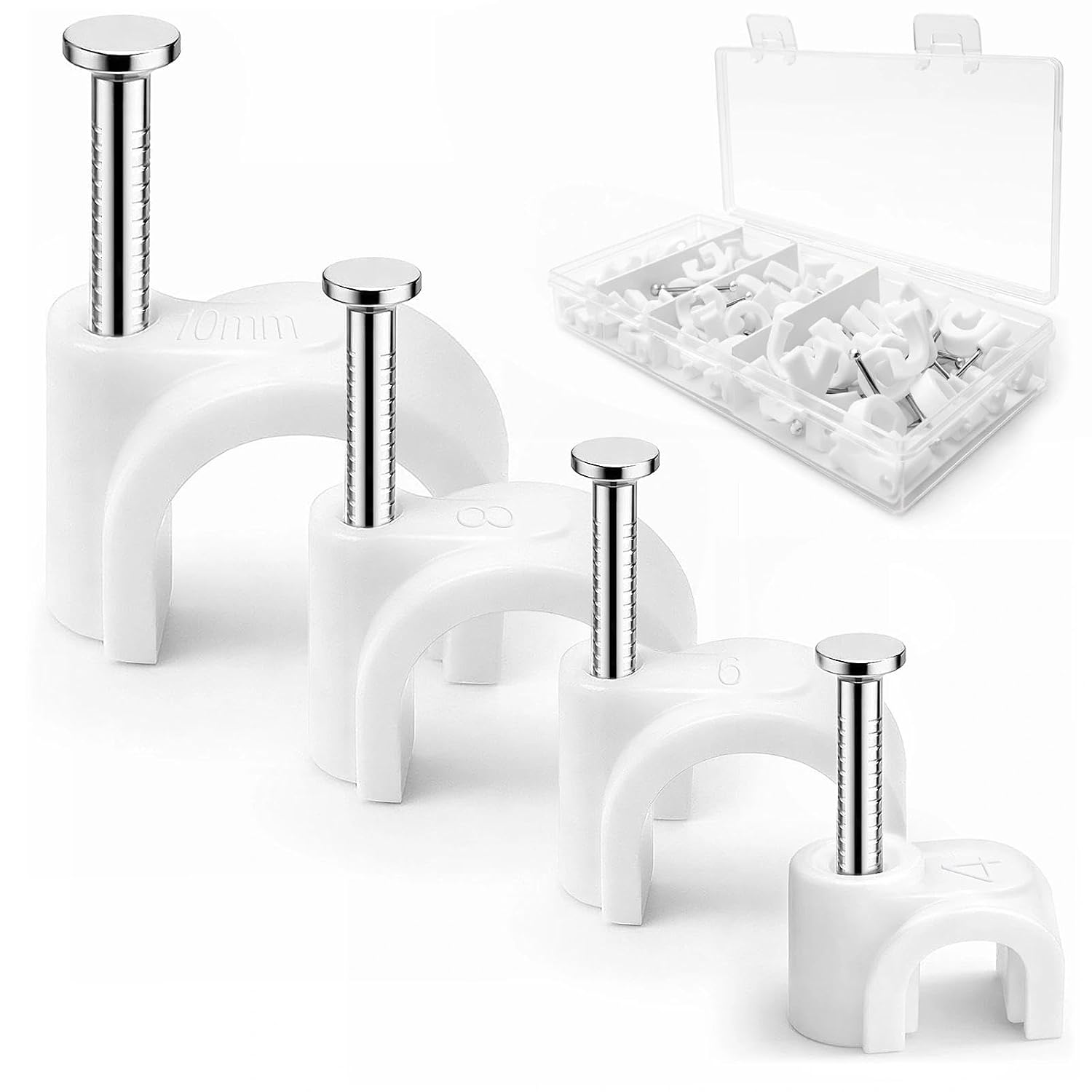Cable Clips,4 Sizes Wire Clips Strong Nails Durable White Round Electrical Cable Wall Tidy Clips 4mm/6mm/8mm/10mm, 80 PCS for Ethernet Cable Telephone Line TV USB Cable