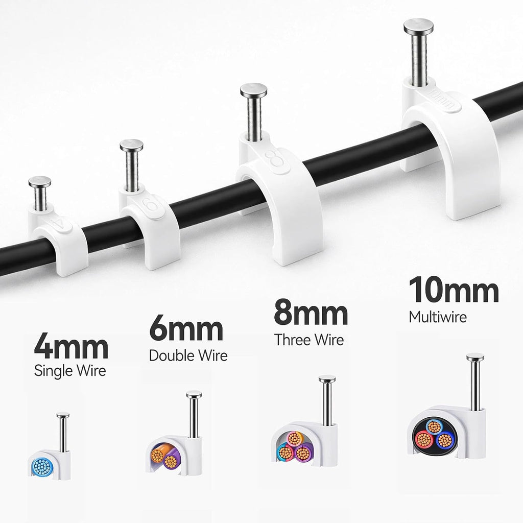 Cable Clips,4 Sizes Wire Clips Strong Nails Durable White Round Electrical Cable Wall Tidy Clips 4mm/6mm/8mm/10mm, 80 PCS for Ethernet Cable Telephone Line TV USB Cable