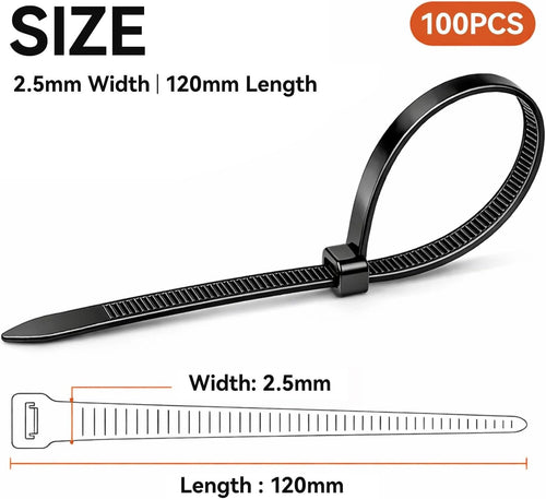 Black Cable Ties 120mm x 2.5mm, 100 Pack PA66 Nylon Zip Ties, UV Resistant Small Self Locking Tie Wraps with 8kg Tensile Strength for Cable Management, Home, Office and DIY