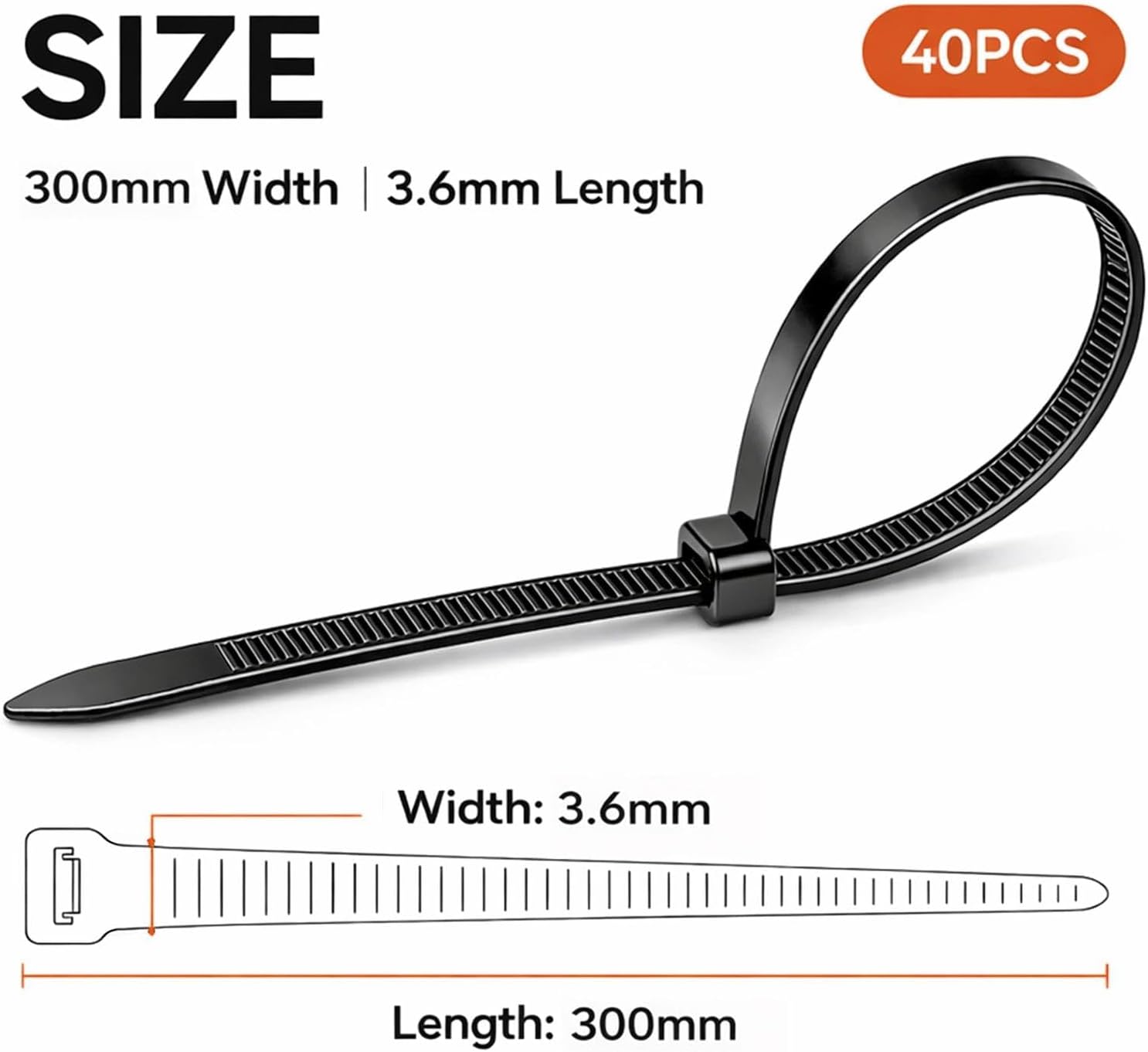 Black Cable Ties 300mm x 3.6mm, 40 Pack PA66 Nylon Zip Ties, UV Resistant Self Locking Tie Wraps with 18kg Tensile Strength, Temperature Resistant -20°C to +80°C for Home, Garden, Office and DIY
