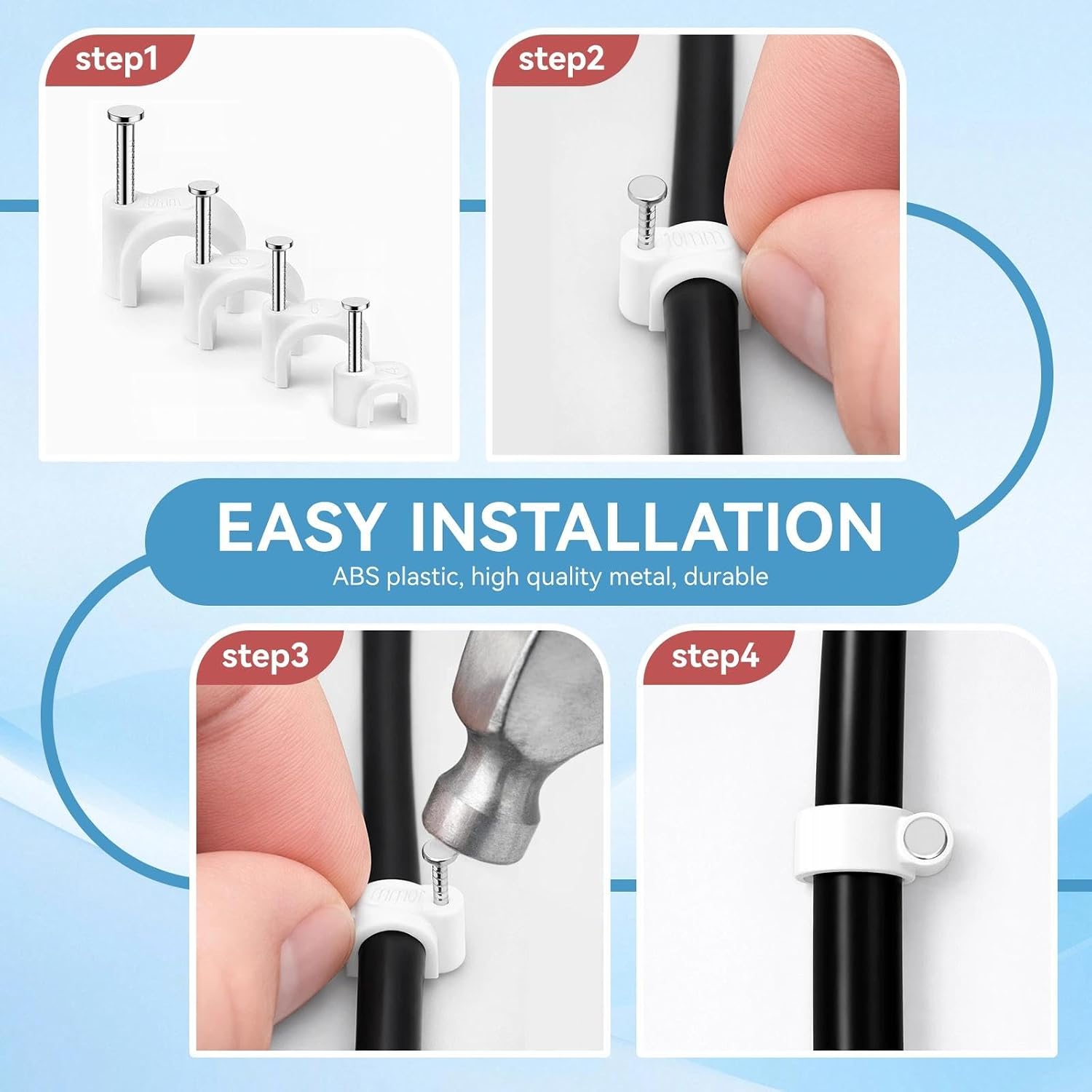 Cable Clips,4 Sizes Wire Clips Strong Nails Durable White Round Electrical Cable Wall Tidy Clips 4mm/6mm/8mm/10mm, 80 PCS for Ethernet Cable Telephone Line TV USB Cable