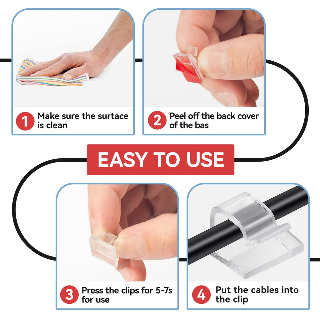 Cable Clips, 50PCS Sticky Cable Tidy Wire Clips, Adhesive Cable Management Holder for Organiser Wall, Desk Office Cables